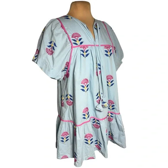 Umgee Retro Mod Blue Floral Embroidered Babydoll Dress Size Small - Picture 4 of 8